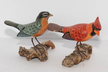 Pair Of Vintage Folk Art Wooden Bird Figurines, Specifically An American Robin And A Northern Cardinal.