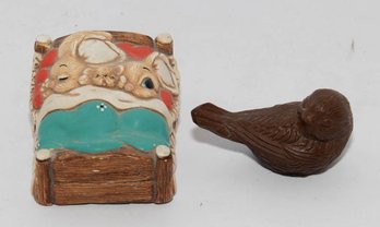 PenDelfin 'Twins' Rabbit Figurine And Red Mill Mfg. Carved Bird