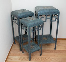 Trio Of Asian Style Metal Accent Pedestals/Tables With Gold Characters