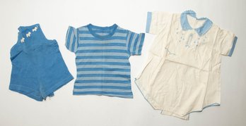 1950s White And Blue Romper, Striped Shirt And Embroidered One Piece Baby Clothes