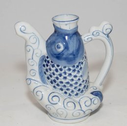 Vintage Blue And White Porcelain Teapot Shaped Like A Koi Fish (missing Top)