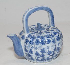 Vintage Chinese Blue And White Porcelain Teapot With A  Pumpkin Shape