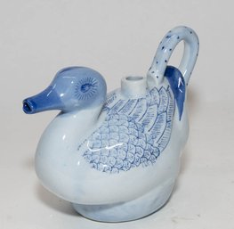 Vintage Chinese Blue And White Porcelain Duck Teapot Or Pitcher