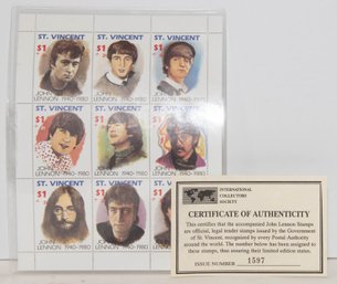 1991 John Lennon St. Vincent And The Grenadines Commemorative Stamp Sheet With COA #1597