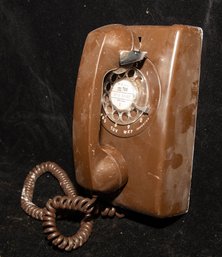 Vintage Chocolate Brown Rotary Dial Wall-mount Telephone, Often Identified As A Collectible ITT Or Western El