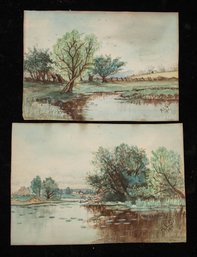 Pair Of Vintage Watercolor Landscape Paintings On Paper, Signed 'R.L.S. 1911'