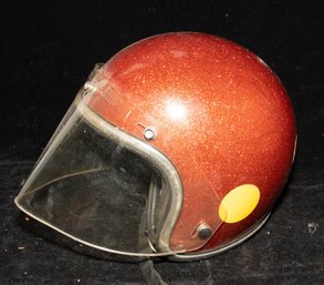 Vintage 1970s Arthur Fulmer AF-40 Red Metal Flake Motorcycle Helmet With A Snap-on Clear Face Shield