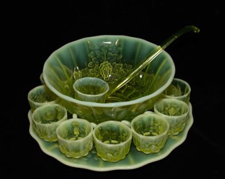 Mosser Glass Grape Opalescent Vaseline Glass Punch Bowl Set