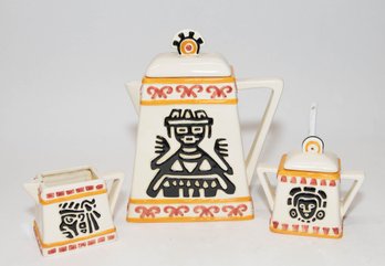 1995 Clay Art 'Aztec' Design Ceramic Coffee Pot, Creamer, And Sugar Set