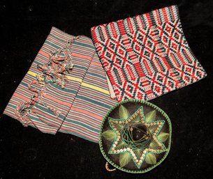 Collection Of Traditional Textiles, Including A Woven Patterned Pouch, A Striped Sash With Tassels, And A Dec