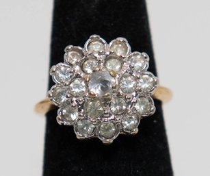 18k HGE Pompadour Cluster Ring Central Stone Closely Surrounded By A Tiered Halo Rhinestones Size 5