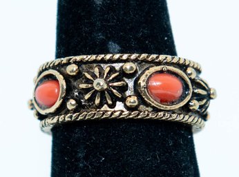 Vintage Gold-tone Band Ring Decorated With Orange-red Artificial Coral Cabochons Size 8.5