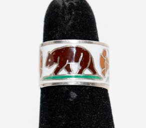 Vintage Siam Sterling Silver Ring Features A White Enamel Band With A Brown Bear Design Size 4