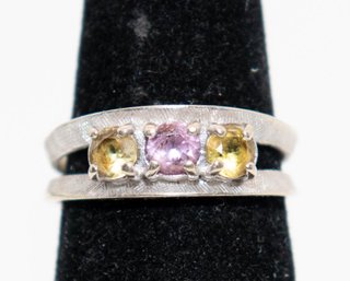Synthetic Gemstone Mother's Ring Central Light Pink/lavender Stone Flanked By Two Yellow Gemstones Size 7