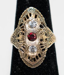 Art Deco Style Filigree Ring Features A Central Red Stone Flanked By Two White Stones Size 7.75
