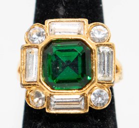 1994 Vintage Signed Avon 'Bold Treasures' Faux Emerald Cocktail Ring Size 7.5