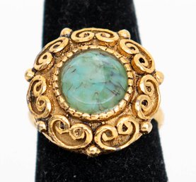 Vintage-style Ring Features A Circular Green Stone With Dark Matrix Inclusions Ornate Gold-tone Frame Size 6