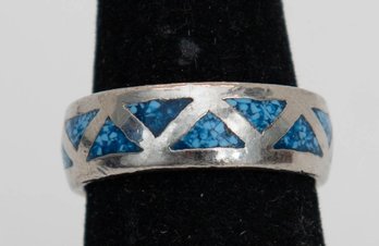 Taxco Mexican Southwestern Sterling Silver Ring Features A Geometric Zigzag Design Inlaid With Vibrant Turquo