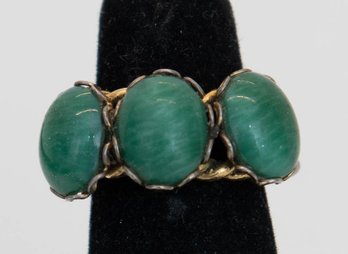 Vintage Costume Ring Features Three Smooth, Oval Green Cabochons Arranged Horizontally Across The Band.