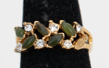 Vintage Uncas Ring Features A Gold-tone Band Set With Faux Jade Marquise Stones And Small, Clear Rhinestones