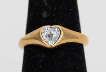 Vintage-style Heart Signet Ring Featuring A Flush-set, Heart-shaped Clear Gemstone Centered In A Polished Gol