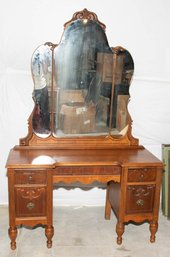 1920s1930s Depression-era Antique Vanity With A Tri-fold Mirror, Crafted In A Traditional Jacobean Revival /