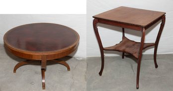Two Classic Antique-style Accent Tables: A Round Federal/Regency-style Drum Coffee Table On The Left, And A Tw