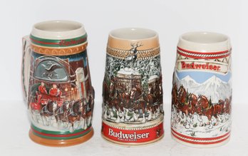 Three  Anheuser-Busch Budweiser Holiday Collector Beer Steins 1985, 1987 And 1997
