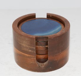 Vintage Six Polished Blue Agate And Wood Coaster Set