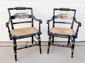 L. Hitchcock Late Federal-style Armchairs, Fancy Chairs Black Lacquered,gilt-stenciled Decorations, Rush Seat