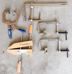 Lot Of Woodworking Clamps Includes F-clamps And Wooden Handscrew Clamp