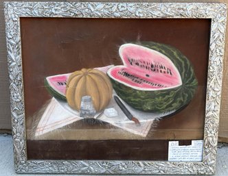 Hygiene Colorado History American Folk Art Still-life Painting, Oil On Canvas, Featuring A Watermelon And Ca