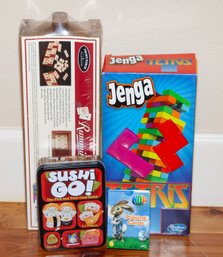 New In Package Game Lot Includes Jenga Tetris, Sushi Go, Playing Cards And Rummikub