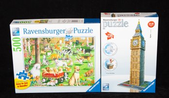Two Ravensburger Puzzles At The Dog Park Puzzle (unopened) And Big Ben 3D Puzzle