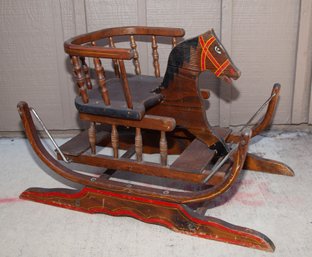 1870 Black Beauty American Folk Art Child's Rocking Horse And Sleigh