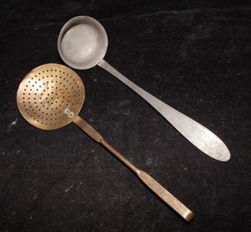 Vintage Pewter Monogrammed Ladle And Copper Skimmer Strainer