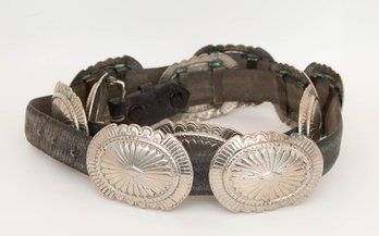 Vintage Southwest-style Concho Belt Featuring Silver Plated Discs On A Distressed Leather Strap