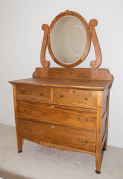 Antique Victorian Oak Dresser With Attached Harp Mirror