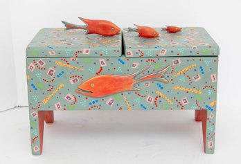 Artisan-crafted Hand-Painted Wood Fish Folk Art Keepsake Box  Signed