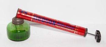1950s Hudson Nebu-Lizor Bug Sprayer With A Red Metal Pump And A Ribbed Green Glass Reservoir