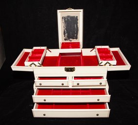 Mid-century Accordion-style, White Leatherette And Red Velvet Interior Jewelry Box