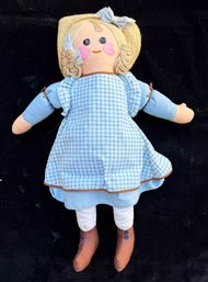 1970s-80s  Knickerbocker Cloth Doll Features A Distinct Gingham Check Dress, Straw Hat, And Yarn Hair