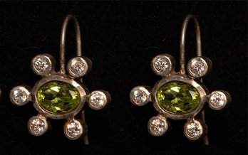 Signed Cluster Peridot And Cubic Zirconia Earrings Designed In A Floral Shape