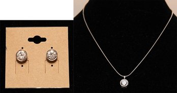 925 Sterling Silver Jewelry Set Includes A Round Bezel-set Pendant Necklace And Matching Stud Earrings Featuri
