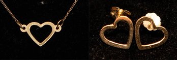 Minimalist 14k Gold Open-heart Pendant Necklace And Earrings 1.18 Grams