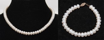 Classic Freshwater Pearl Necklace And Bracelet Jewelry Set Configured With Traditional 14k Yellow Gold Clasps.