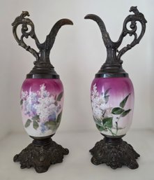 Pair Of Vintage Porcelain With Metal Ewers