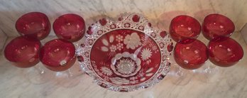 Cranberry Crystal Bowl With Matching Glasses