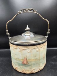 Victorian Satin Glass Hand Painted Biscuit Jar