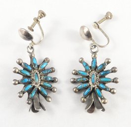 1950-1960 Zuni Sterling Silver Needlepoint Squash Blossom Screw On Earrings